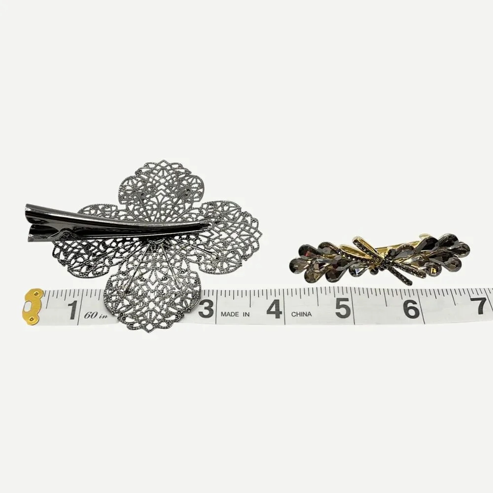Vtg Retro Hair Barrettes Clip Claw Pin Rhinestone Dragonfly Snowflake Flower Lot